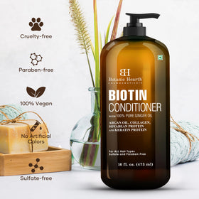 Botanic Hearth Biotin Conditioner with tea tree oil and ingredients showcased