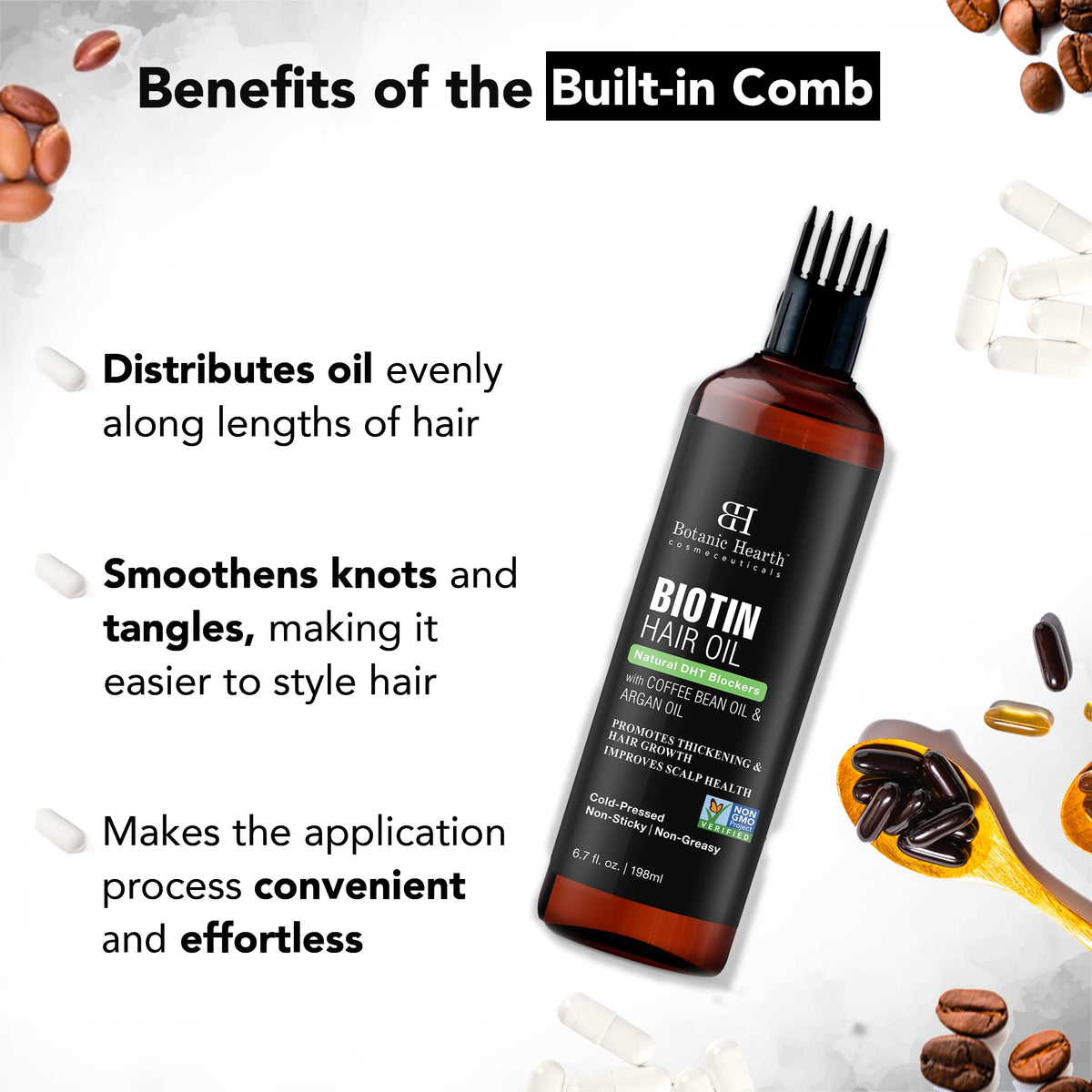 Botanic Hearth Biotin Oil label close-up highlighting natural ingredients.