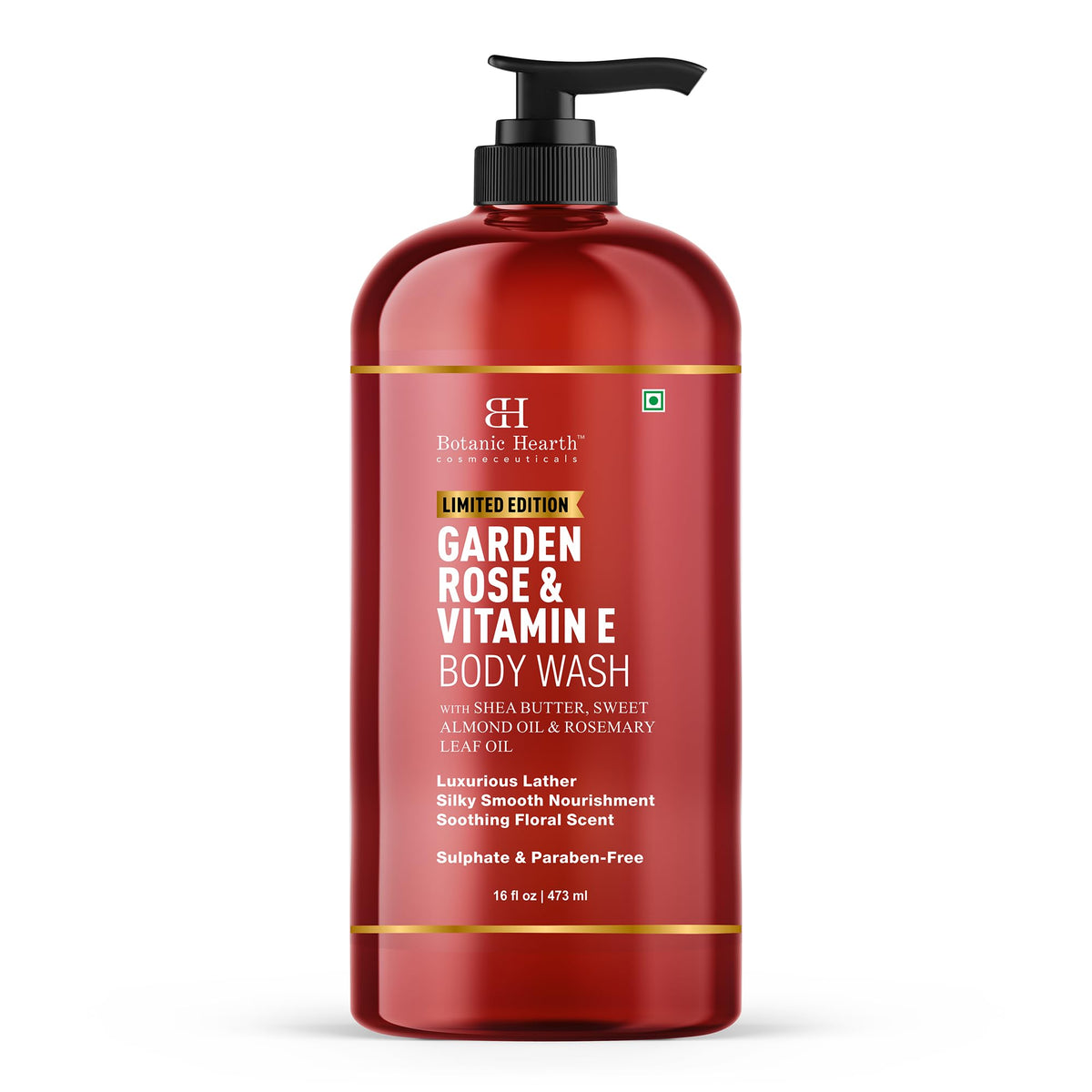 Botanic Hearth Garden Rose & Vitamin E Body Wash bottle with refreshing rose scent.