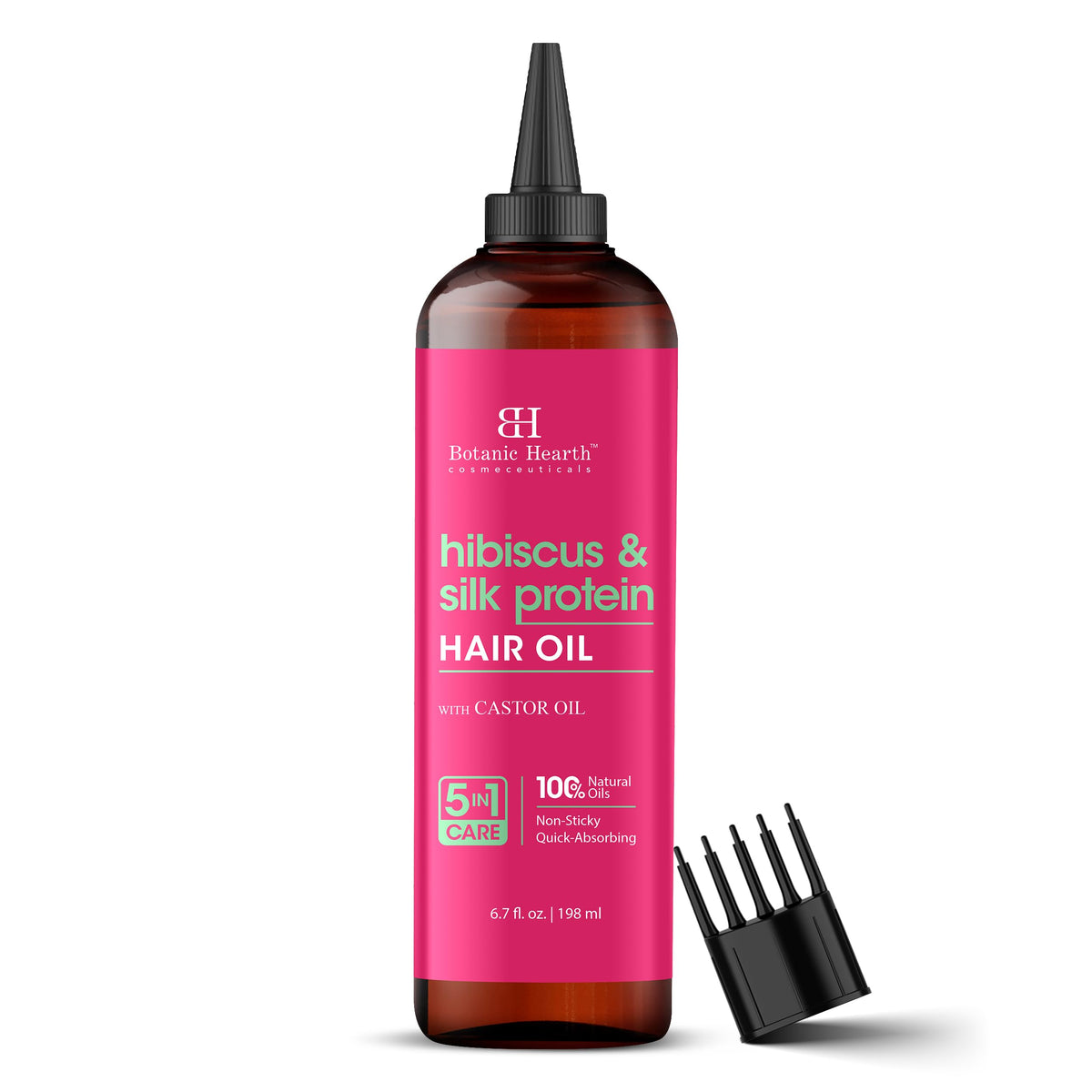 Botanic Hearth Hibiscus Silk Protein Hair Oil bottle close-up showing nourished strands