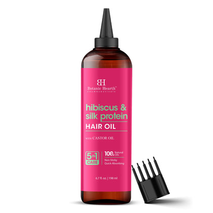 Botanic Hearth Hibiscus Silk Protein Hair Oil bottle close-up showing nourished strands