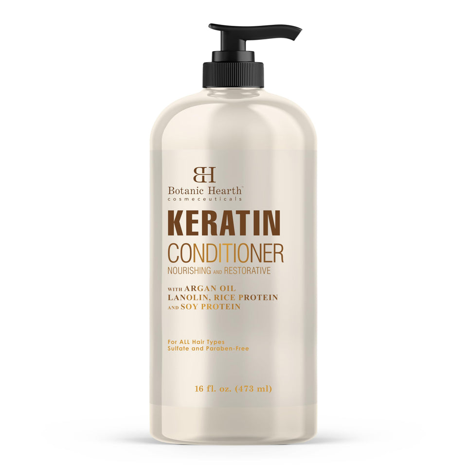 Botanic Hearth Keratin Conditioner bottle with argan oil delivering frizz control and moisture