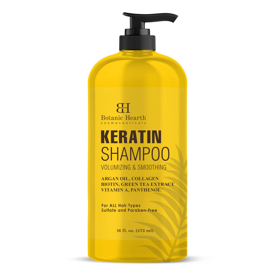 Botanic Hearth Keratin Shampoo bottle front showing keratin formula for stronger hair.