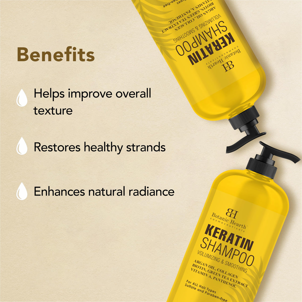 Botanic Hearth Keratin Shampoo on damaged hair implying strengthening from root to tip.