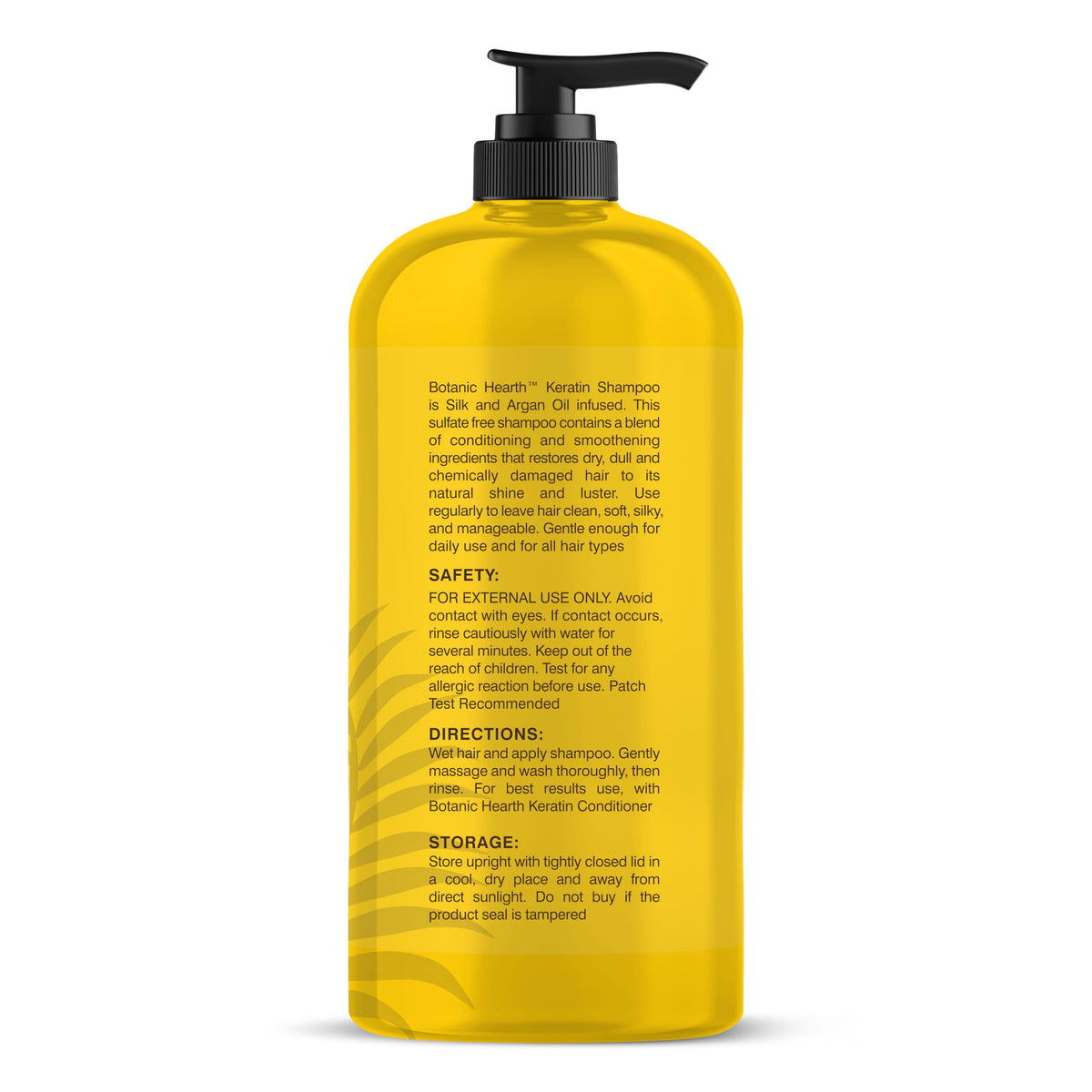 Botanic Hearth Keratin Shampoo label close-up highlighting argan oil, collagen, and biotin.