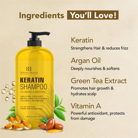 Botanic Hearth Keratin Shampoo bottle with sulfate-free badge for color-treated hair.