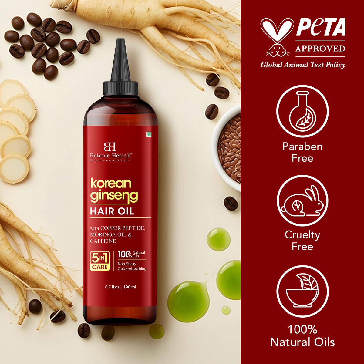 Botanic Hearth oil ingredients blend with moringa flaxseed castor for hydration and frizz control