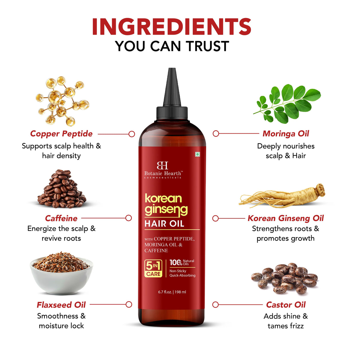 Botanic Hearth Korean Ginseng Hair Oil packaging showing premium bottle and labeling