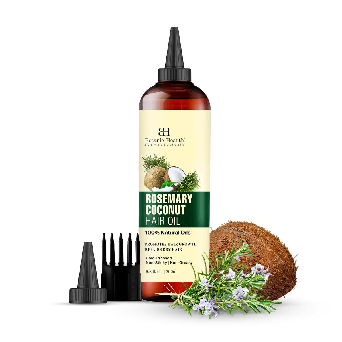 Botanic Hearth Rosemary Biotin Oil bottle pour supports even distribution for nourished hair.