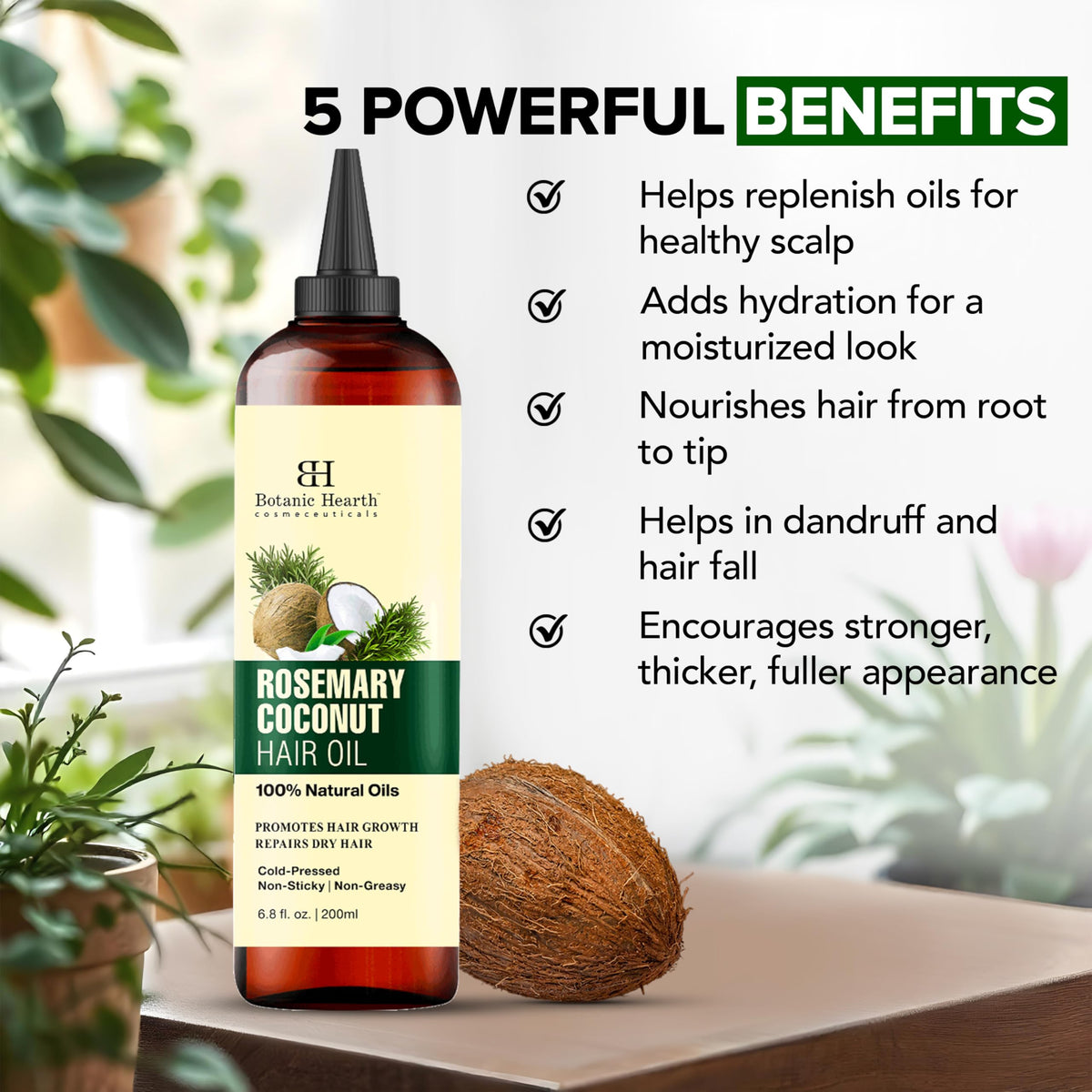 Botanic Hearth Rosemary Biotin Oil coconut closeup showcases hydrating base.