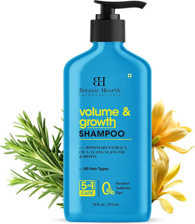 Botanic Hearth Rosemary Shampoo bottle closeup showing volumizing cleanse for fuller hair.