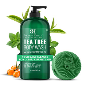 Botanic Hearth Tea Tree Body Wash bottle pour with refreshing tea tree oil