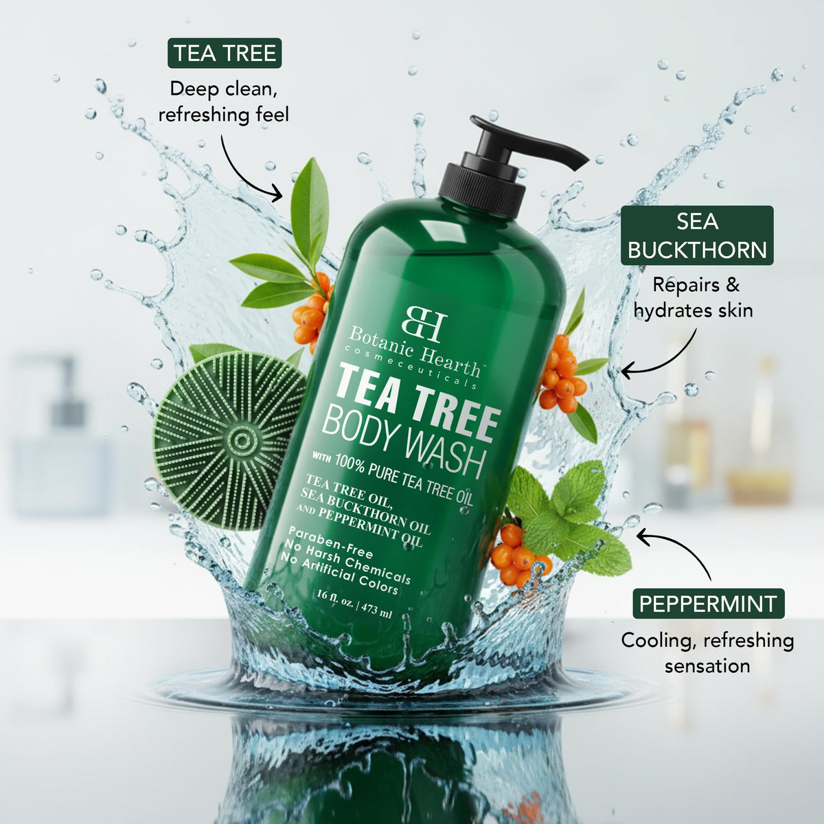 Botanic Hearth Tea Tree Body Wash foam suds indicating invigorating cleansing