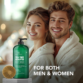 Botanic Hearth Tea Tree Body Wash packaging on shelf.