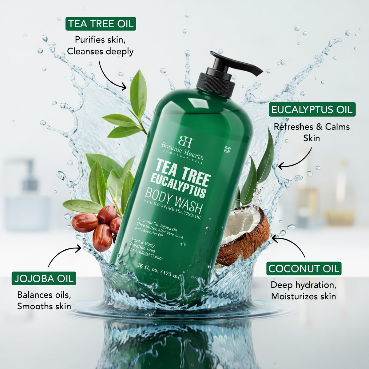 Botanic Hearth Tea Tree Body Wash with brush demonstrates built-in exfoliation.