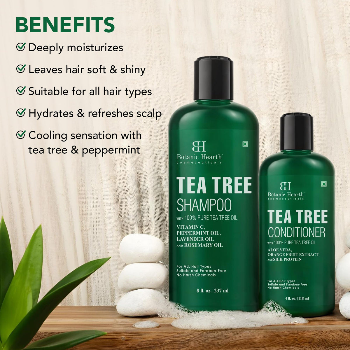 Botanic Hearth Tea Tree Conditioner bottle nourishes and smooths hair for easier styling.