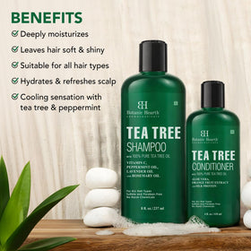 Botanic Hearth Tea Tree Conditioner bottle nourishes and smooths hair for easier styling.