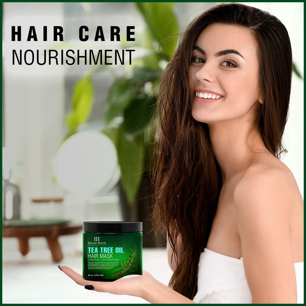 Hand applies Botanic Hearth Tea Tree Hair Mask to damp hair.