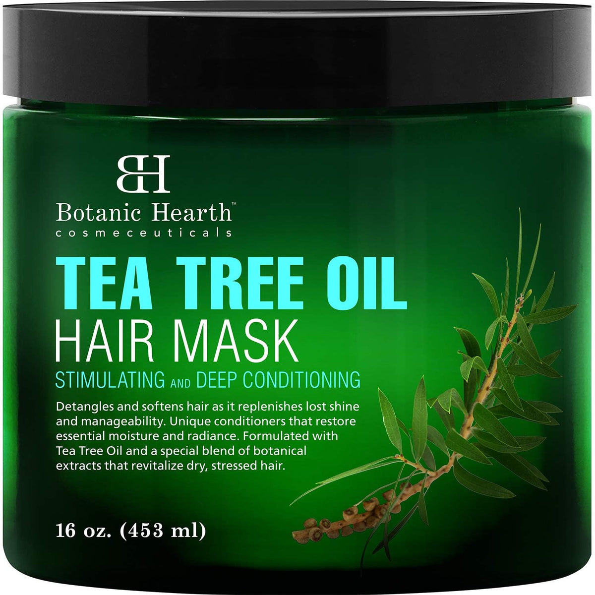 Botanic Hearth Tea Tree Hair Mask bottle promotes moisture and shine.