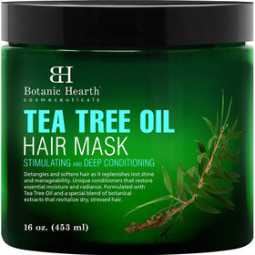 Botanic Hearth Tea Tree Hair Mask bottle promotes moisture and shine.