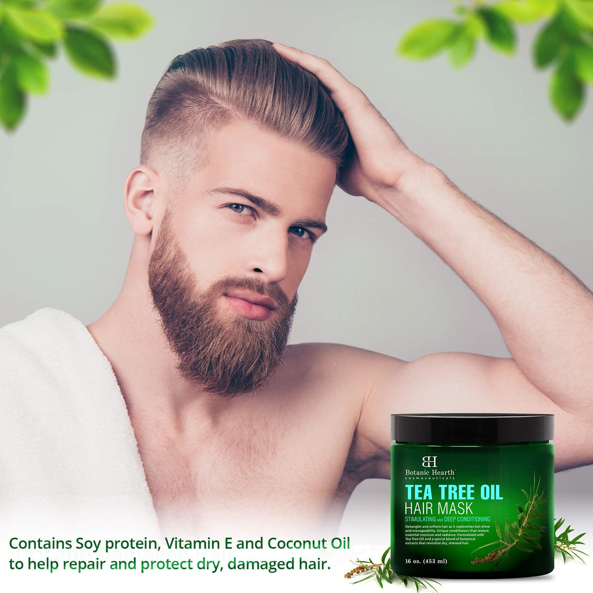 Close-up of Botanic Hearth Tea Tree Hair Mask label shows key ingredients.