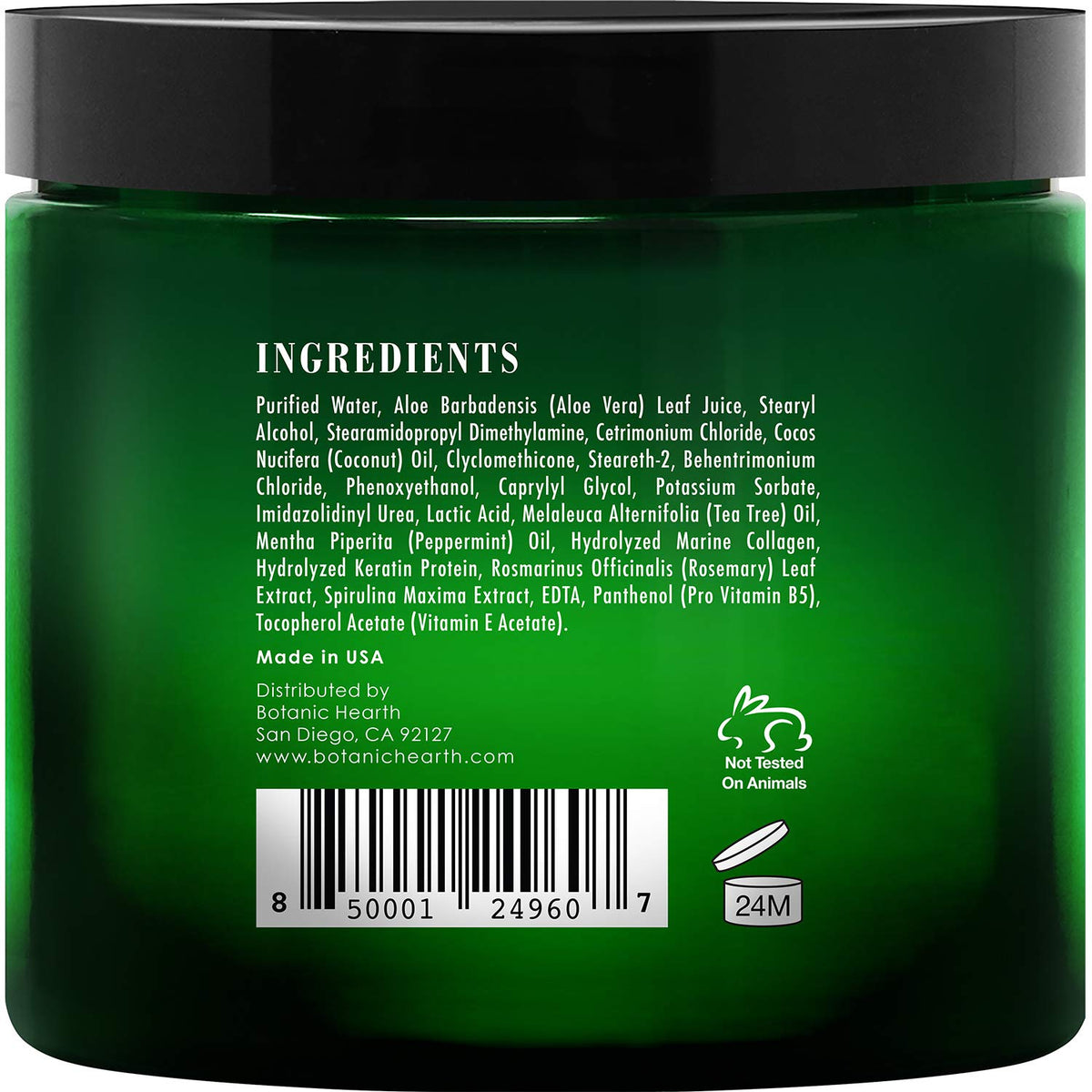 Sleek packaging details of Botanic Hearth Tea Tree Hair Mask.