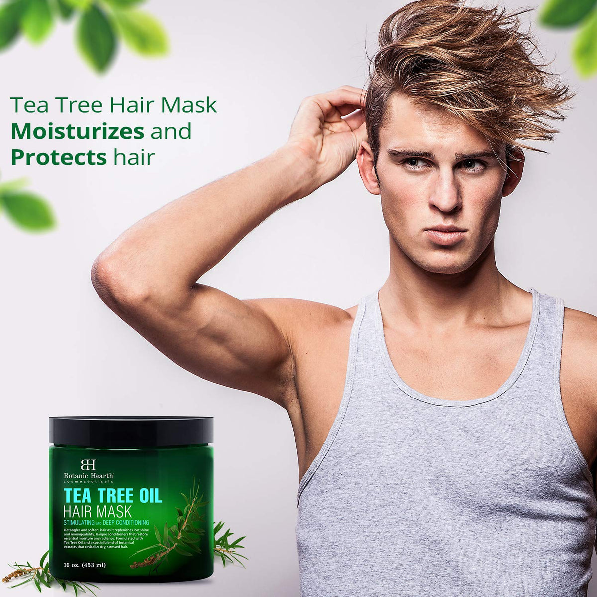 Scalp-care shot with Botanic Hearth Tea Tree Hair Mask soothing the scalp.