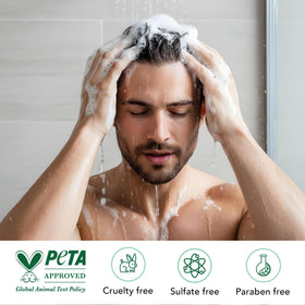 Botanic Hearth Tea Tree hair wash rinse moment shows scalp relief potential.