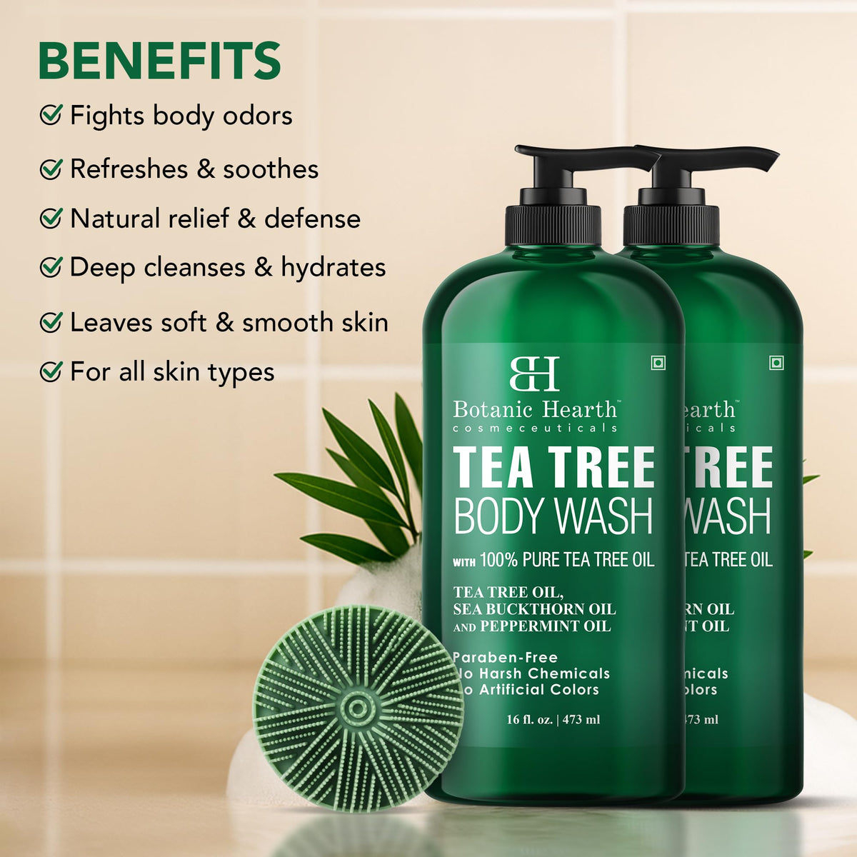 Botanic Hearth Tea Tree Oil bottle highlights pure ingredients for cleansing routines.