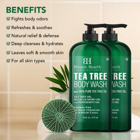 Botanic Hearth Tea Tree Oil bottle highlights pure ingredients for cleansing routines.