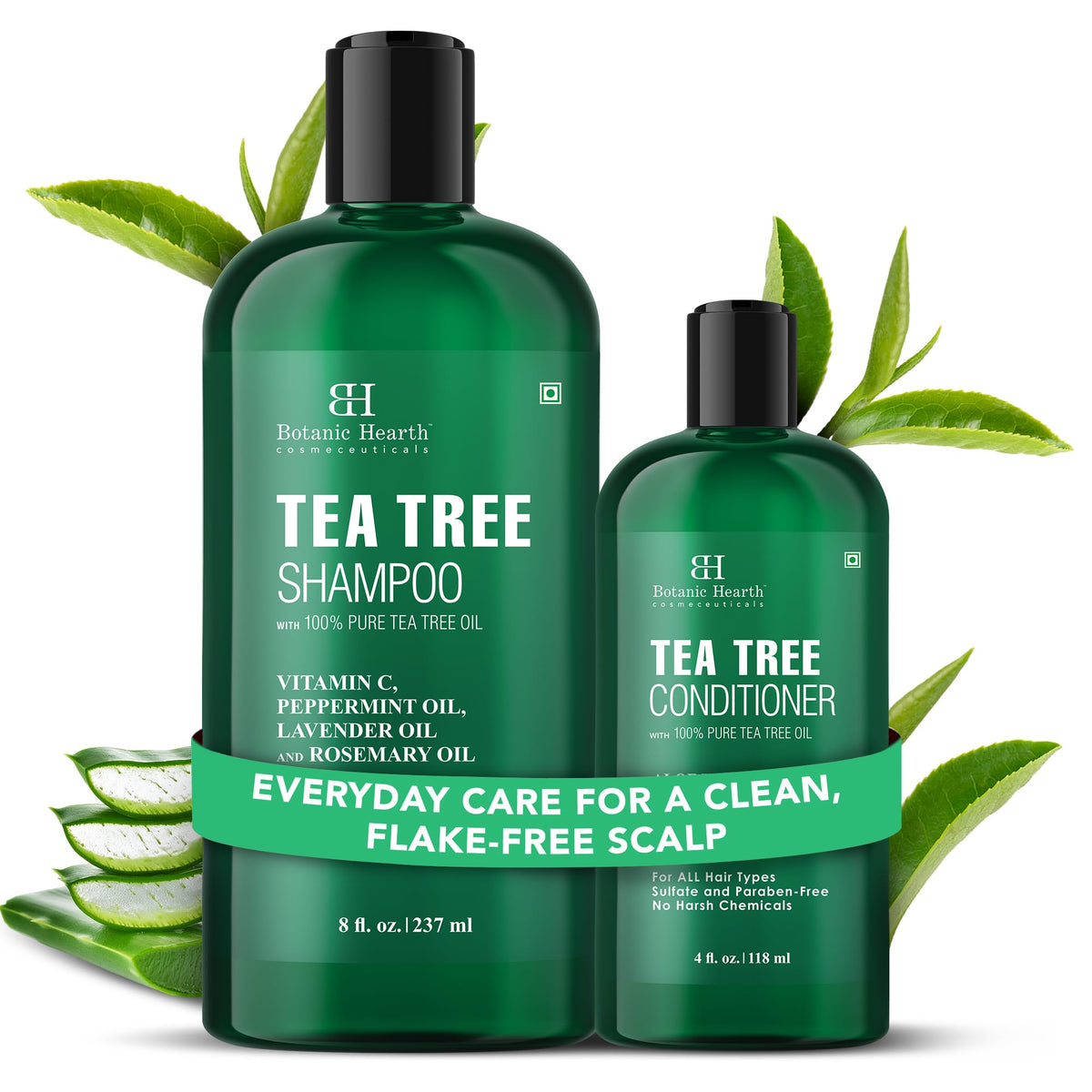 Botanic Hearth Tea Tree Shampoo bottle promoting a clean, refreshed scalp.