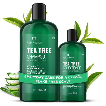 Botanic Hearth Tea Tree Shampoo bottle promoting a clean, refreshed scalp.