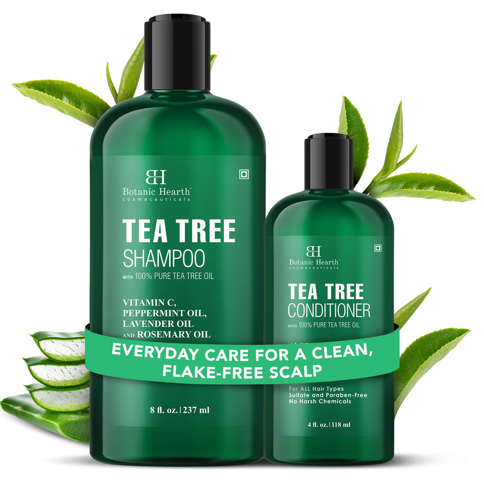 Botanic Hearth Tea Tree Shampoo bottle promoting a clean, refreshed scalp.
