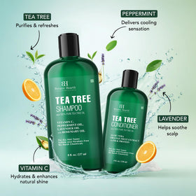 Botanic Hearth Tea Tree Shampoo and Conditioner set display highlights comprehensive hair care.