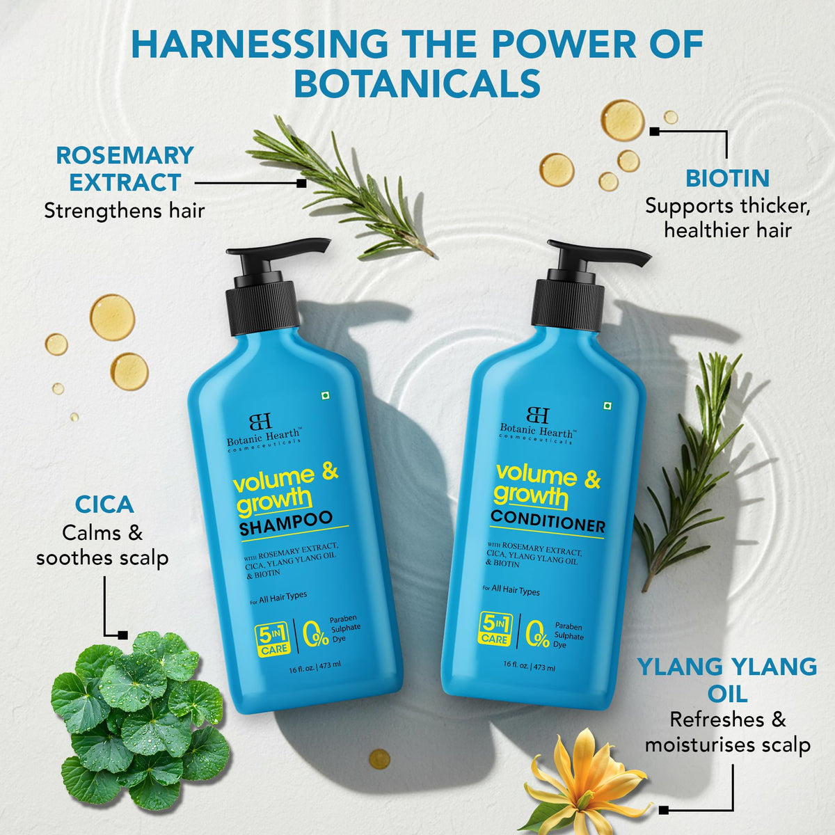 Botanic Hearth Volume & Growth Conditioner bottle demonstrates frizz control and a silky finish