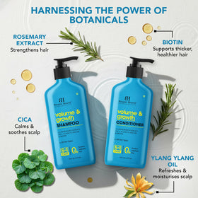Botanic Hearth Volume & Growth Conditioner bottle demonstrates frizz control and a silky finish