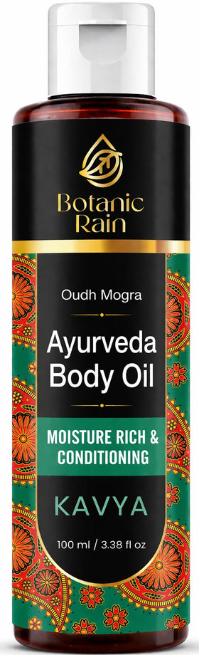 Botanic Rain Ayurveda Body Oil bottle on wood shelf for deep hydration.