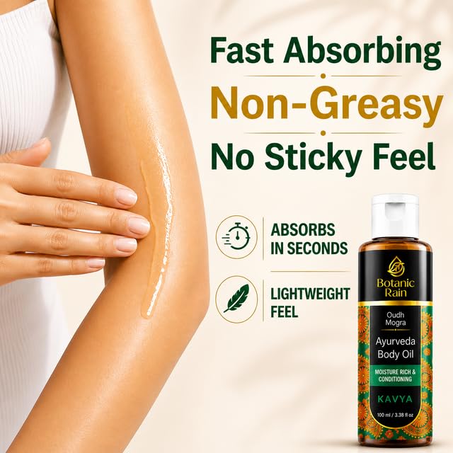 Applying Botanic Rain Ayurveda Body Oil to skin for daily nourishment.