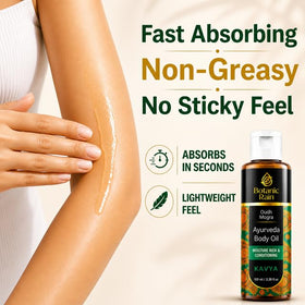 Applying Botanic Rain Ayurveda Body Oil to skin for daily nourishment.