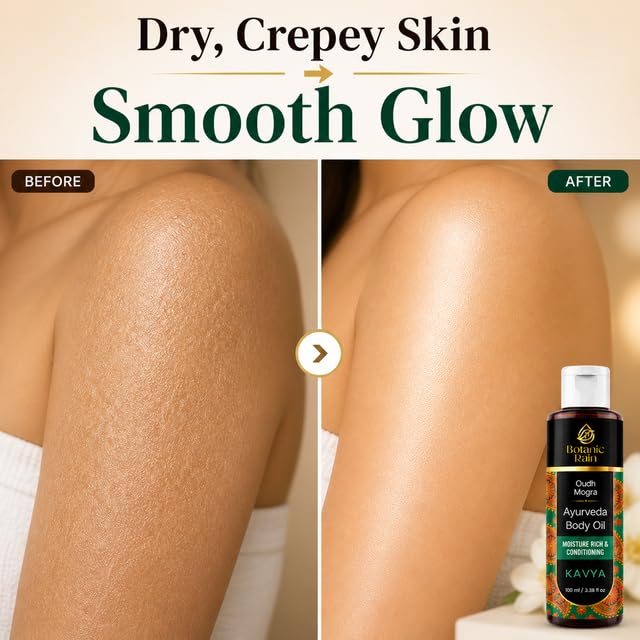 Botanic Rain Ayurveda Body Oil being poured shows fast-absorbing consistency.
