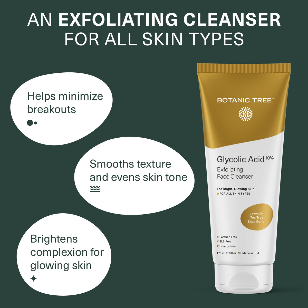Botanic Tree Glycolic Face Wash foam texture close-up, promotes smooth skin.