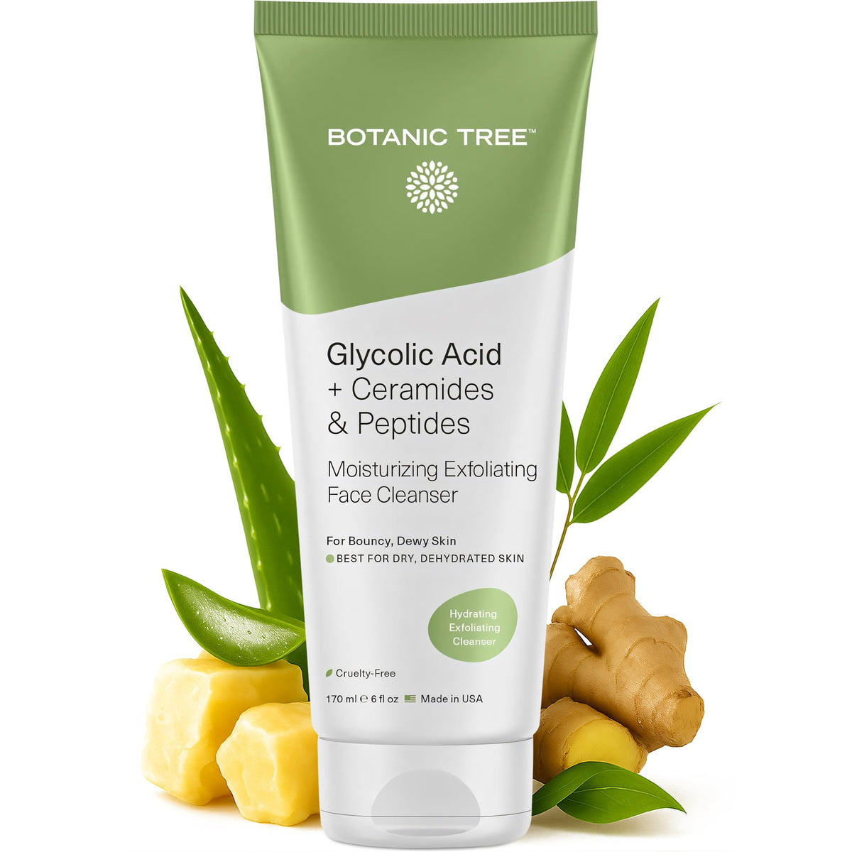 Botanic Tree Hydrating Glycolic Cleanser bottle pour for bright, refreshed skin.