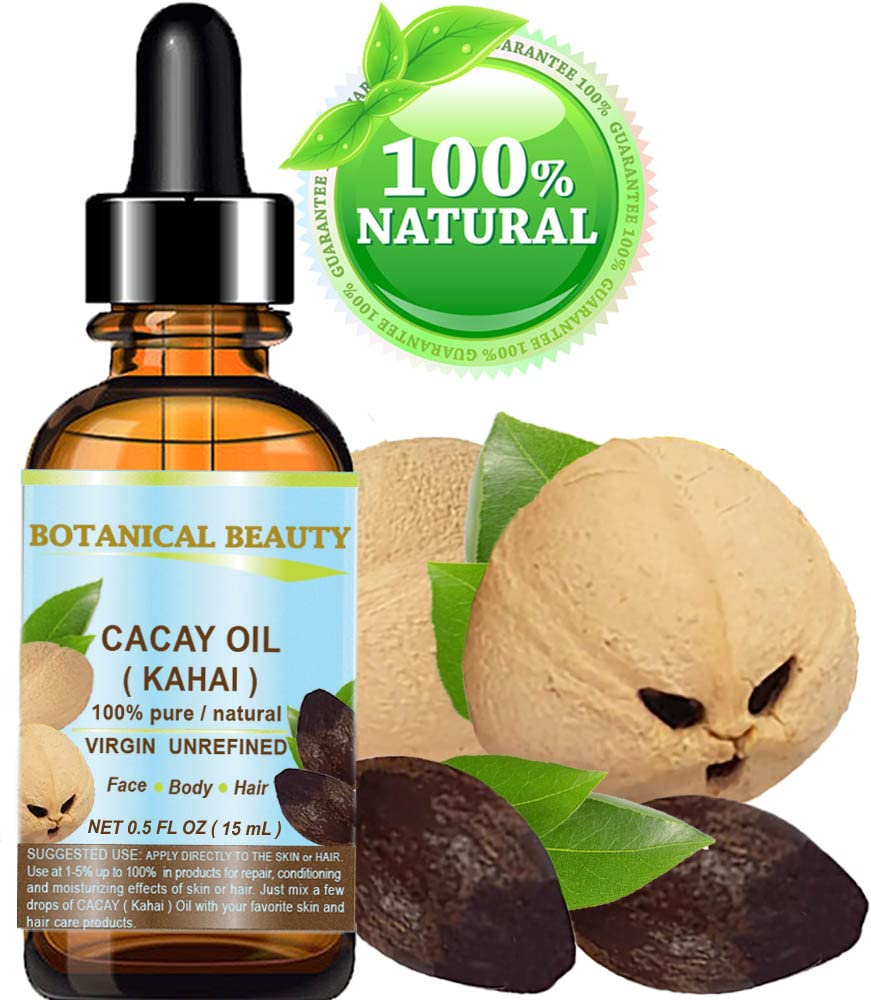 Botanical Beauty CACAY Oil bottle pour demonstrates easy application and quick absorption.