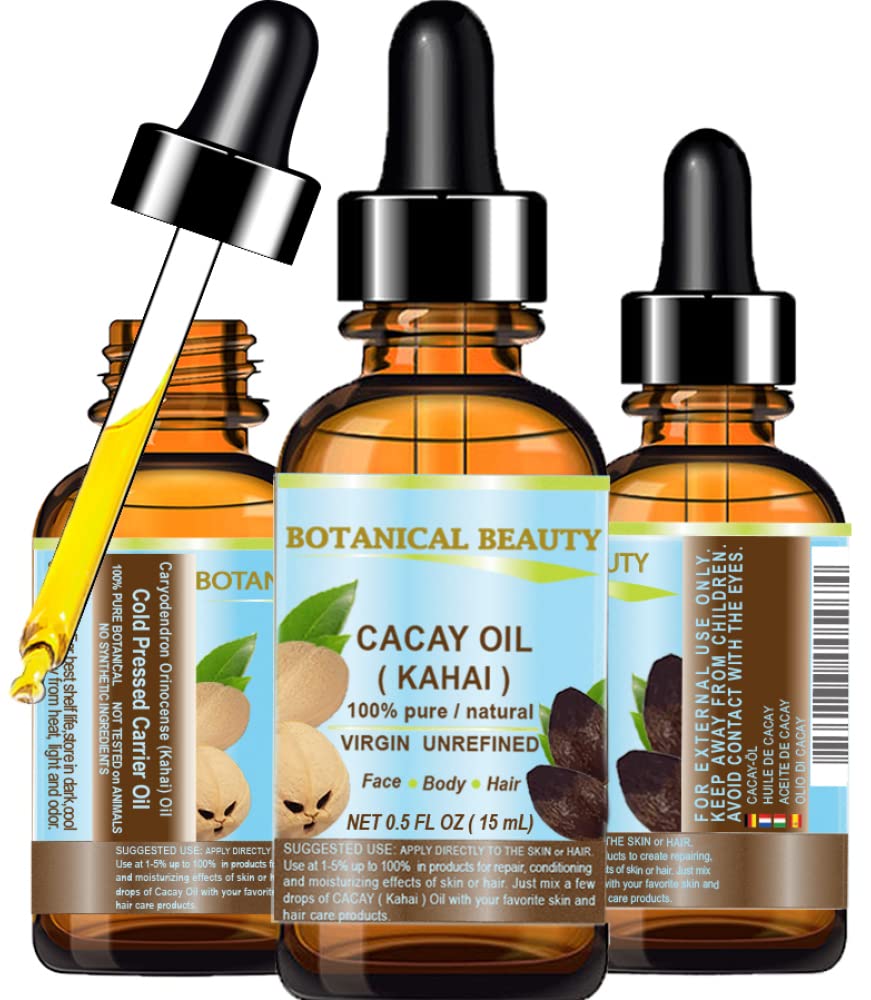 Botanical Beauty CACAY Oil bottle shows a pure, fast absorbing formula for skin and hair.