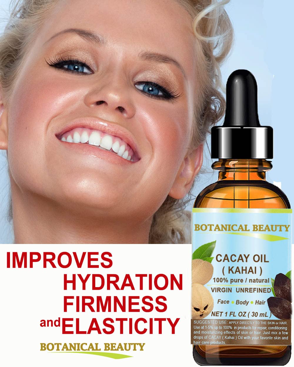 Botanical Beauty CACAY Oil texture close-up shows a lightweight, non-greasy feel.