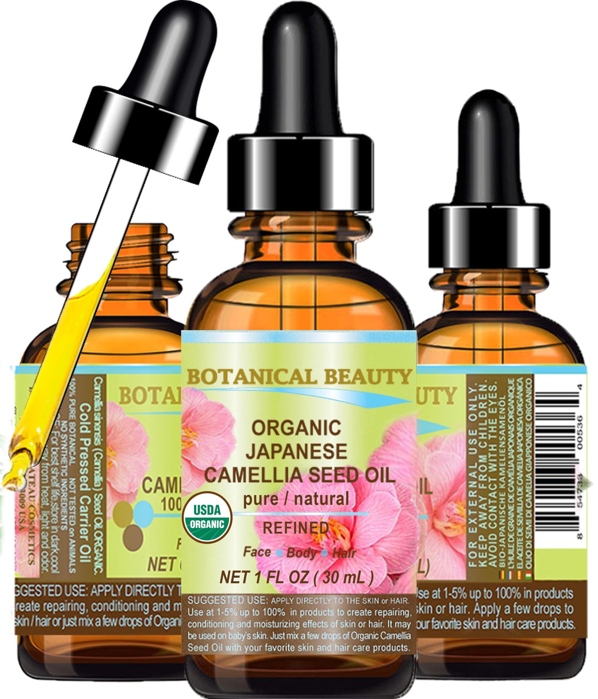 Botanical Beauty Camellia Seed Oil bottle pour showing quick absorption and smooth finish