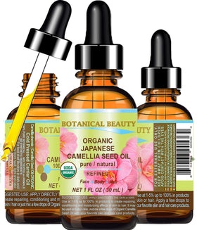 Botanical Beauty Camellia Seed Oil bottle pour showing quick absorption and smooth finish