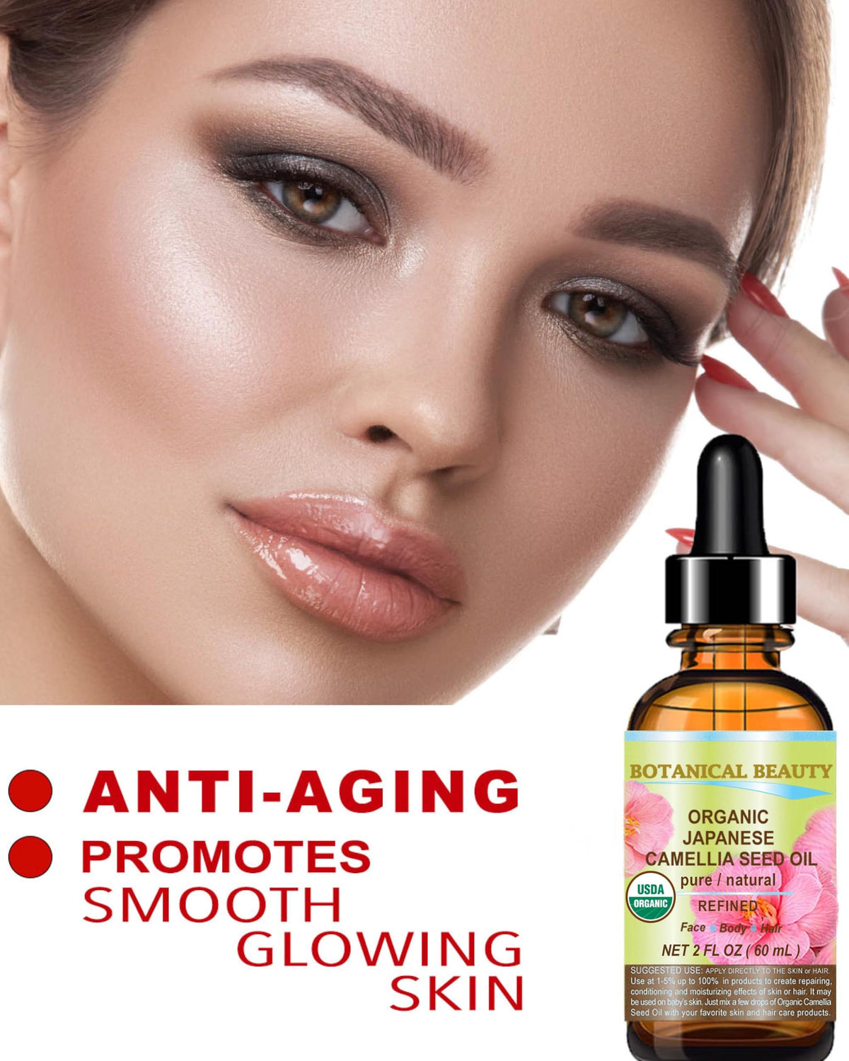 Hair use: Botanical Beauty Camellia Seed Oil for shine and manageability