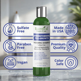 Botanical Green Care Strengthening Pro-Growth Shampoo hair-volume close-up shows thicker-looking strands.