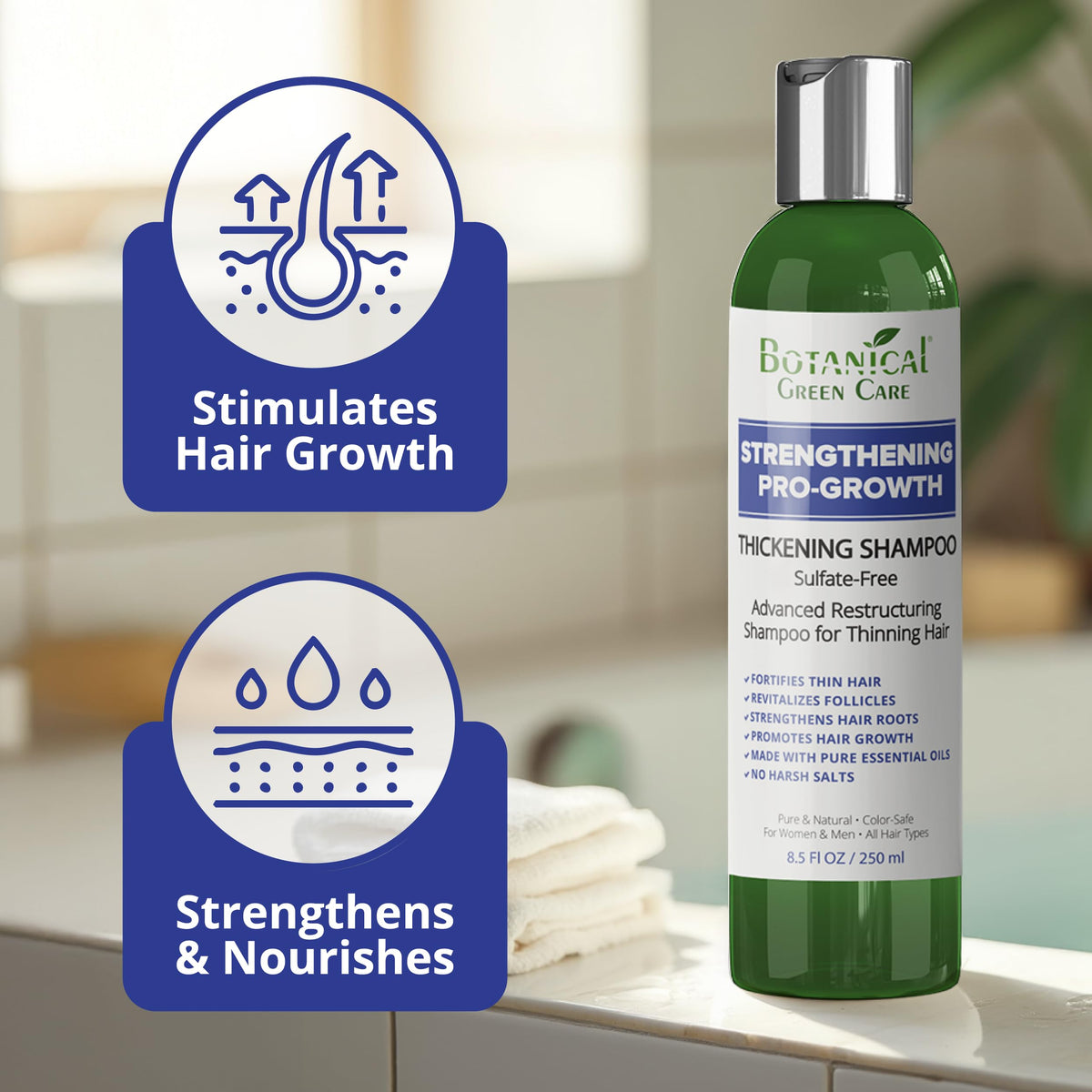 Botanical Green Care Strengthening Pro-Growth Shampoo ingredients chart highlights key botanicals.